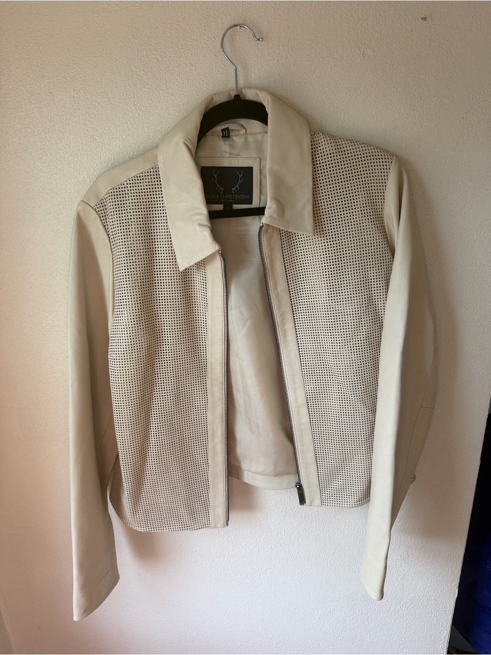 Ted & Christensen Cream Perforated Leather Zip Jacket